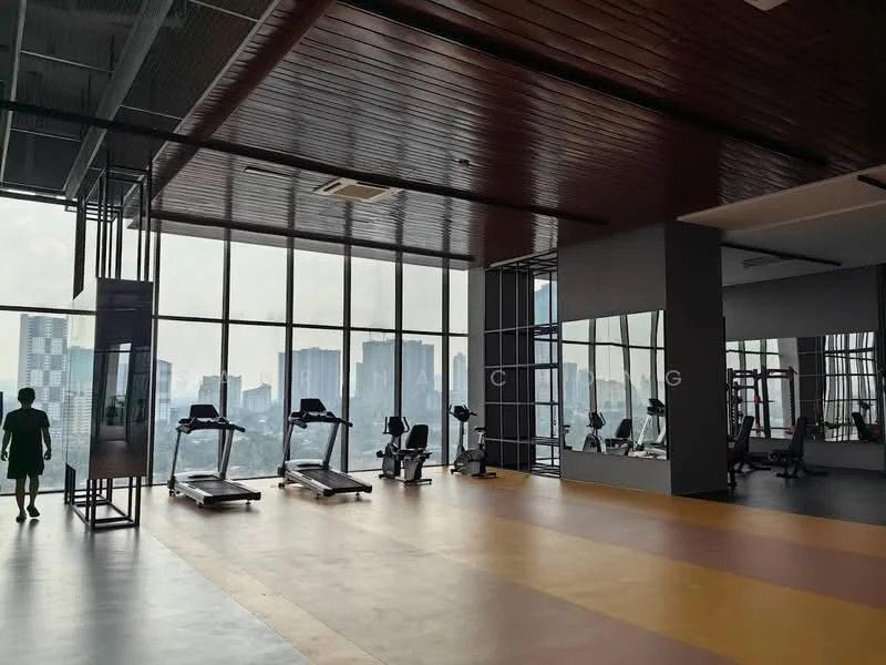 Gym features: large floor-to-ceiling windows, wooden ceiling, rubber flooring, treadmills, exercise bikes, weight training equipment, mirrored wall, open layout, city skyline view; style: modern; view: city.
