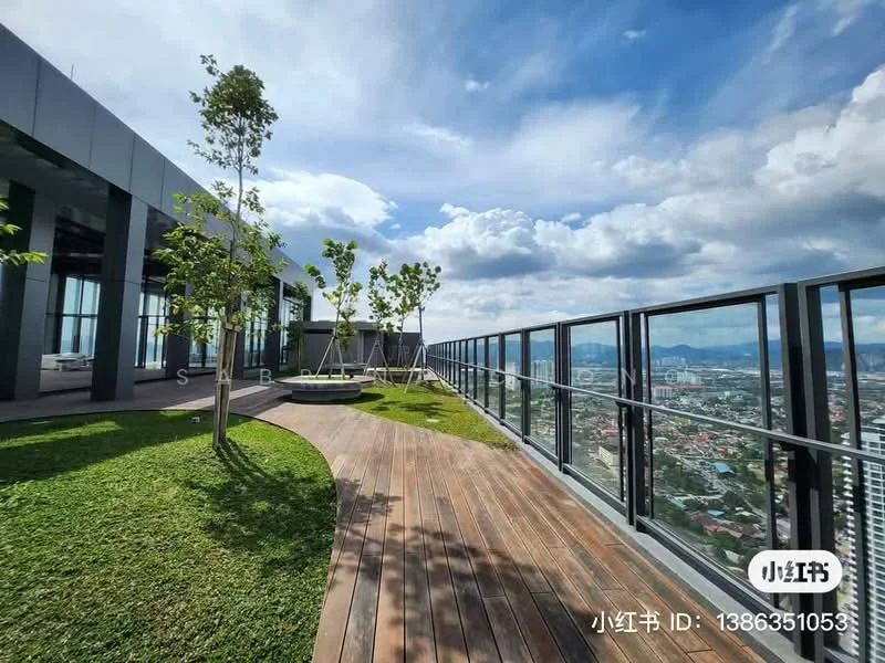 Exterior type: high-rise condominium; features: wooden deck flooring, glass railing, manicured lawn, swing set, city skyline view, mountain view, landscaped garden, outdoor seating area; style: modern.
