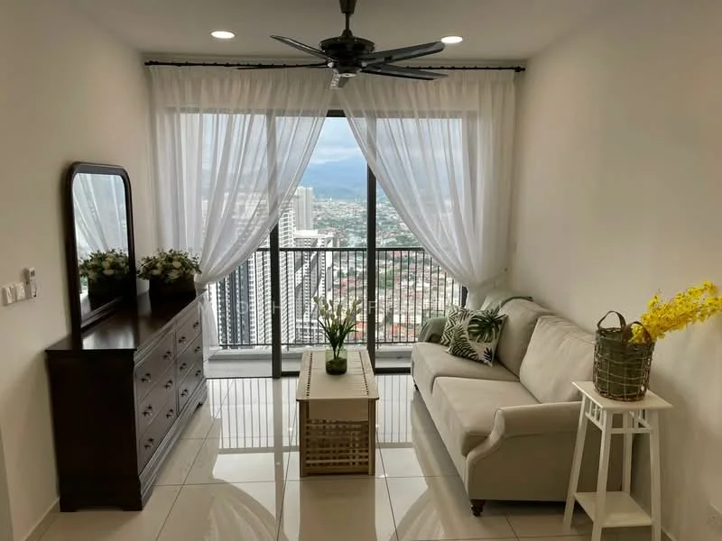 Living features: 3-seater fabric sofa in beige, coffee table with wicker design, wooden dresser with mirror, floor-to-ceiling windows, sheer white curtains, city skyline view, recessed downlights, ceramic tile flooring, ceiling fan with light; style: modern; view: city.