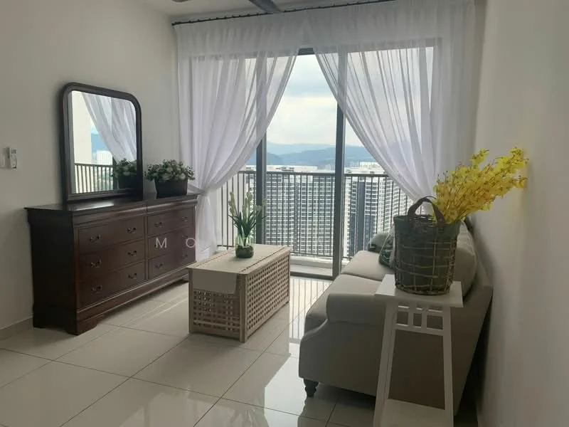 Living features: floor-to-ceiling windows, white sheer curtains, light grey fabric sofa, wooden coffee table, decorative basket, green houseplants in ceramic pots, dark wood dresser, white tiled flooring, neutral wall color, city skyline view; style: modern; view: city.