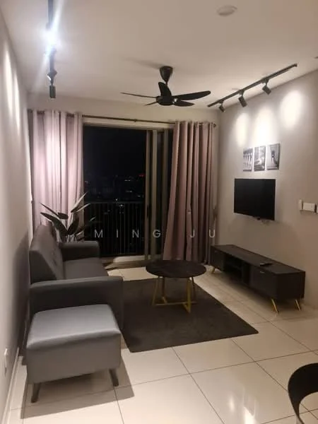 Living features: 3-seater fabric sofa in grey, coffee table with gold legs, wall-mounted TV, TV console in dark wood, floor-to-ceiling windows, sheer curtains in light purple, recessed LED downlights, ceiling fan, area rug in dark color, decorative plant in pot; style: modern; view: city.