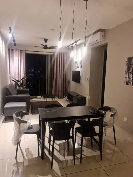 Living features: 3-seater fabric sofa in grey, black dining table, 6 black dining chairs, floor-to-ceiling windows, curtains in light grey, ceiling fan, recessed downlights, wall-mounted TV, decorative plant in pot, tile flooring in cream, wall with light grey paint, artwork on wall; style: modern; view: city.