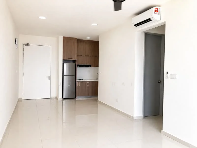 Living features: white painted walls, glossy tile flooring, wall-mounted split AC, recessed downlights, kitchenette with upper cabinets, stainless-steel fridge, open layout, door leading to hallway; style: modern.