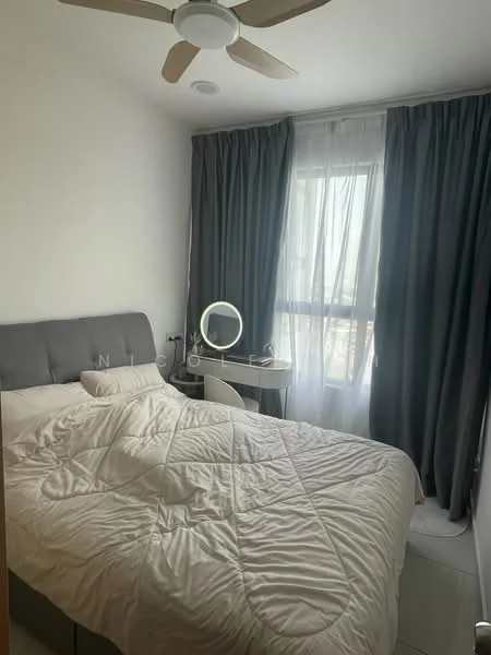 Bedroom features: queen-size bed with grey upholstered headboard, white bedding, floor-to-ceiling windows, sheer curtains, dark grey blackout curtains, ceiling fan with light, desk with round mirror, table lamp, light-colored walls, wooden flooring; style: modern; view: city.