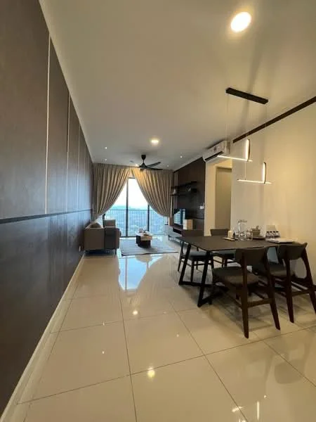 Dining features: white glossy tile flooring, dark wood dining table, 4 wooden dining chairs, pendant lighting above table, floor-to-ceiling windows, sheer curtains, grey accent wall, recessed ceiling lights, ceiling fan, open layout to living area; style: modern; view: city. Living features: light grey fabric sofa, coffee table, TV console, wall-mounted TV, decorative wall paneling, air conditioning unit; style: modern; view: city.