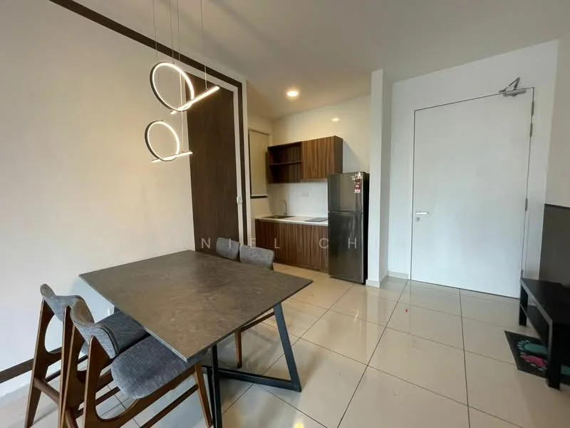 Dining features: dining table with grey marble top, 4 wooden dining chairs, pendant light fixture with circular design, white painted walls, glossy ceramic tile flooring, built-in kitchen cabinetry, stainless-steel fridge, kitchen countertop, door leading to hallway; style: modern.