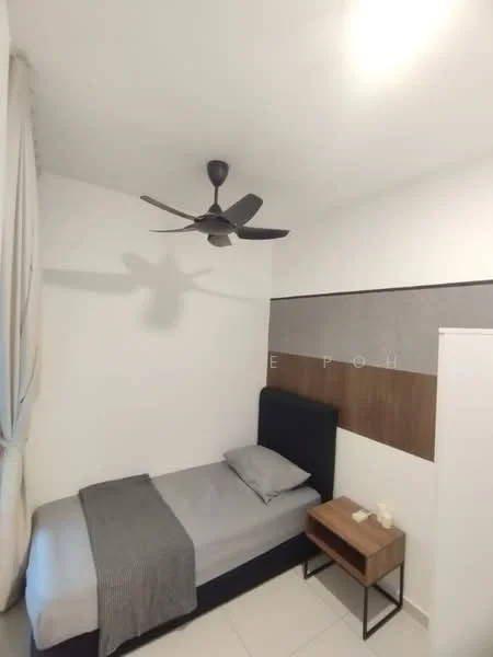 Bedroom features: single bed, upholstered headboard, grey bedding, wood bedside table, table lamp, white walls, grey accent wall, ceiling fan, curtains, tile flooring; style: modern.