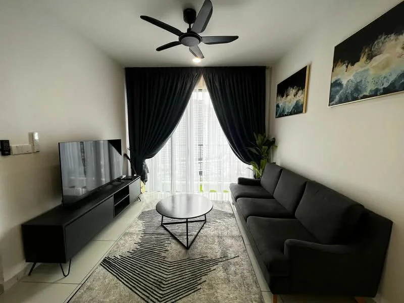 Living features: 3-seater fabric sofa in grey, 2-seater fabric sofa in grey, round coffee table with black metal base, wall-mounted TV, TV console in black, area rug with geometric pattern, floor-to-ceiling windows, blackout curtains, ceiling fan with light, decorative wall art; style: modern.