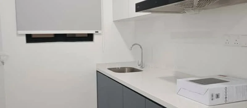 Kitchen features: single-bowl stainless-steel sink, chrome pull-down faucet, white quartz countertop, grey flat-panel cabinets, built-in microwave, exhaust hood, white painted walls, window with roller blinds; style: modern.