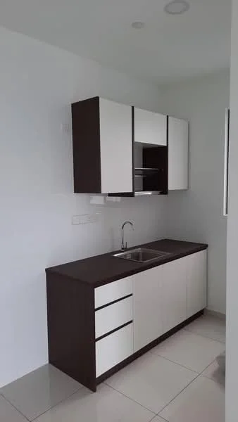 Kitchen features: white cabinetry with dark wood accents, single-bowl stainless-steel sink, chrome pull-down faucet, countertop with dark wood finish, built-in upper cabinets, ceramic tile flooring, white painted walls, recessed ceiling lights; style: modern.