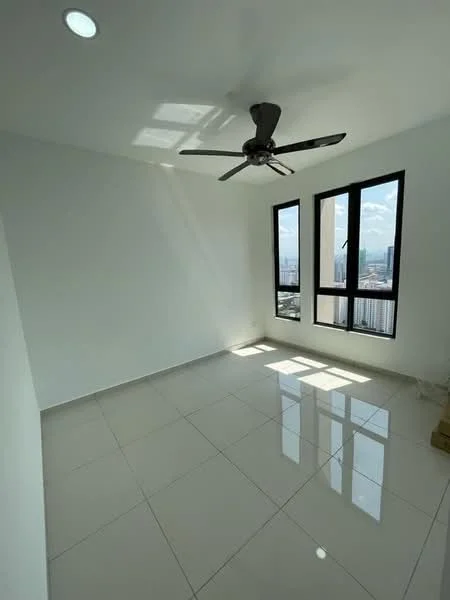 Room features: white painted walls, glossy ceramic tile flooring, 5-blade ceiling fan with light, floor-to-ceiling windows, city view, natural light from windows; style: modern; view: city.