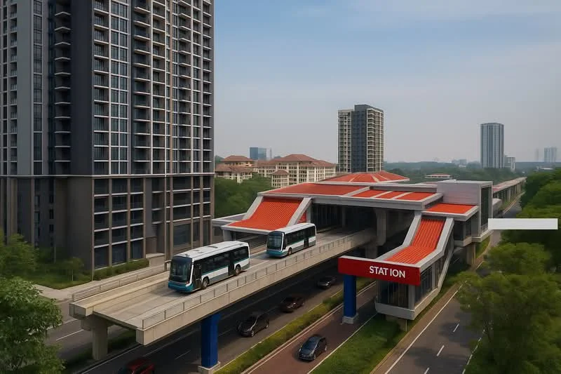 Exterior type: high-rise condominium; features: modern architectural design, glass curtain wall, red sloped roof, surrounded by greenery, adjacent to elevated transit station, multiple storeys, urban context with nearby buildings; style: modern.