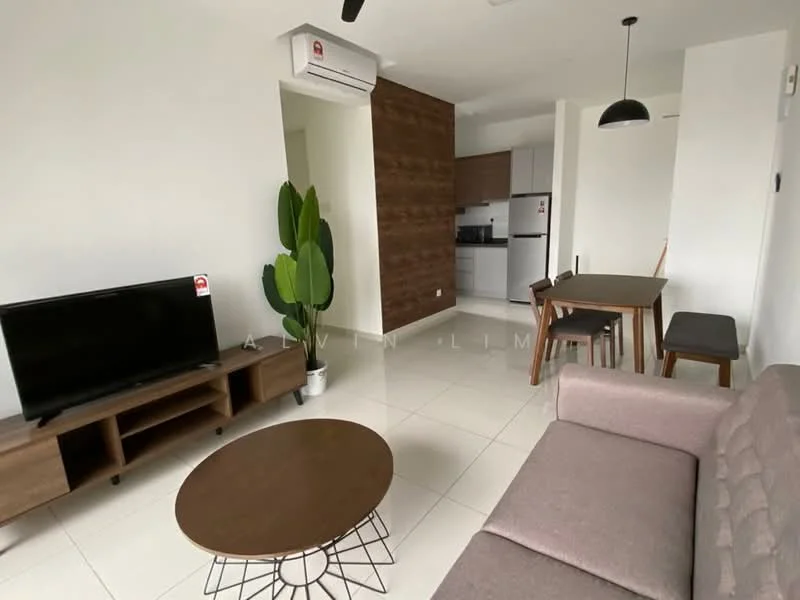 Living features: 3-seater fabric sofa in light grey, wooden coffee table with black metal legs, TV console in wood finish, wall-mounted flat-screen TV, floor-to-ceiling windows, white painted walls, ceramic tile flooring, 1 wall-mounted split AC, pendant light fixture, decorative indoor plant; style: modern. Dining features: 4-seater dining table in wood finish, 2 dining chairs, 1 bench seating, white painted walls, ceramic tile flooring; style: modern. Kitchen features: kitchen cabinetry in wood finish, stainless-steel sink, built-in oven, freestanding range oven, refrigerator, white backsplash, ceramic tile flooring; style: modern.