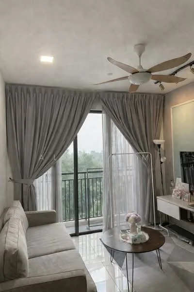 Living features: 3-seater fabric sofa in light grey, round coffee table with wooden top, floor-to-ceiling windows, sheer curtains, blackout curtains, ceiling fan with 5 blades, wall-mounted TV, TV console, decorative items on console, area rug, light grey painted walls, recessed downlights; style: modern; view: garden.