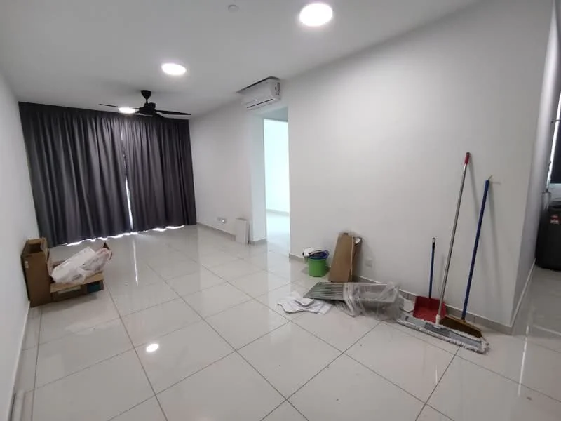 Living features: white painted walls, glossy ceramic tile flooring, 5-blade ceiling fan with light, floor-to-ceiling windows with grey curtains, air conditioning unit, cleaning supplies visible, cardboard boxes, mop and broom; style: modern.