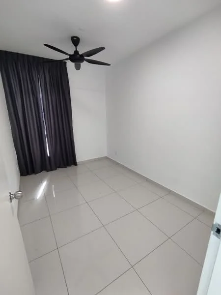 Room features: white painted walls, glossy ceramic tile flooring, 5-blade ceiling fan, floor-to-ceiling curtains in dark grey, single window, no visible furniture; style: modern.