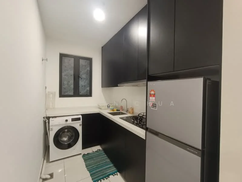 Kitchen features: black cabinetry, white countertop, stainless-steel sink, gas stove with 4 burners, built-in oven, stainless-steel fridge, front-load washing machine, white tiled flooring, single window, striped area rug; style: modern.