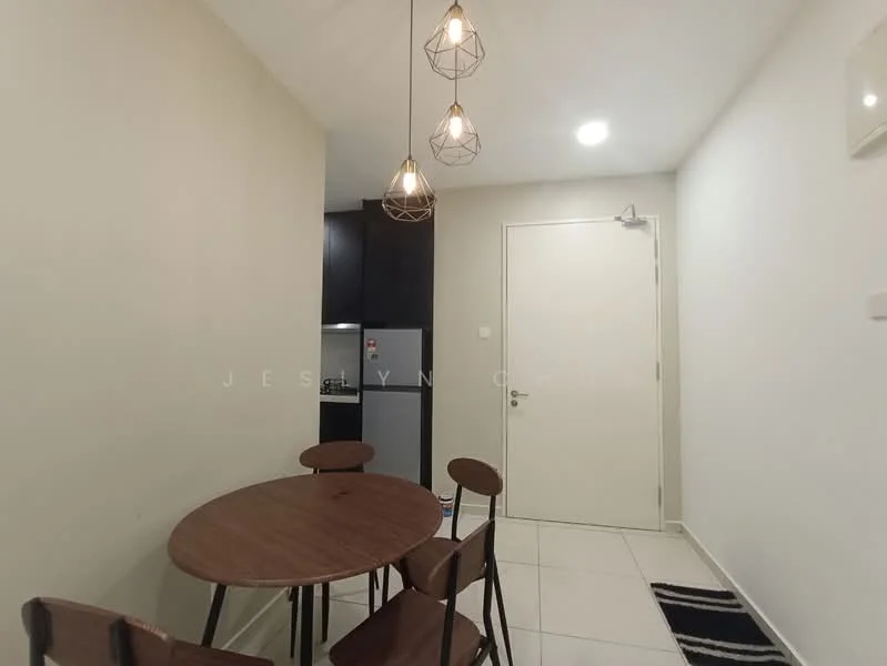 Dining features: round wooden dining table, 4 wooden dining chairs, pendant lighting with three bulbs, white painted walls, tile flooring, refrigerator, door, air conditioning unit; style: modern.