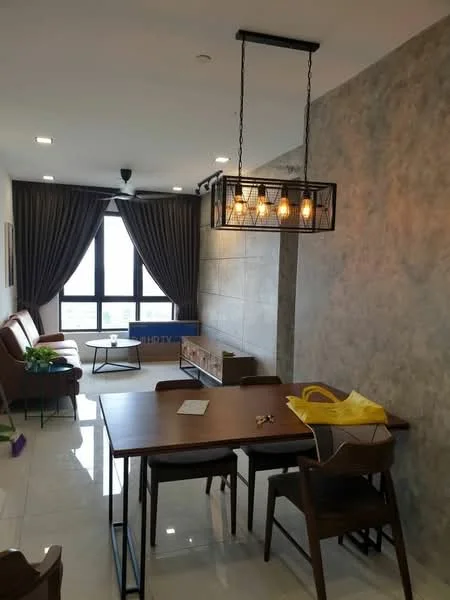 Living features: grey accent wall, white painted walls, polished tile flooring, 5-blade ceiling fan with light, chandelier with multiple bulbs, floor-to-ceiling windows, brown leather sofa, wooden coffee table, TV console, area rug, dining table with four chairs; style: modern; view: city.