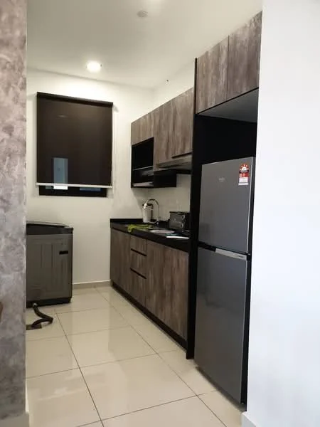 Kitchen features: grey wood cabinetry, black countertop, stainless-steel fridge, built-in oven, stainless-steel sink, chrome pull-down faucet, ceramic tile flooring, window with roller blinds, washing machine, microwave, kitchen utensils on countertop; style: modern.