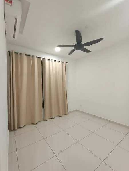 Room features: white painted walls, cream curtains, ceiling fan, tile flooring, floor-to-ceiling windows, light from window, neutral color scheme; style: modern.