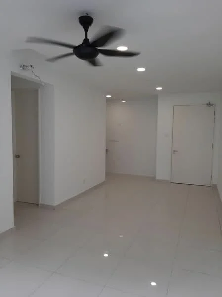 Living features: white painted walls, polished ceramic tile flooring, 5-blade ceiling fan, recessed LED downlights, doorway leading to another room, door leading to the exterior, neutral color scheme; style: modern.