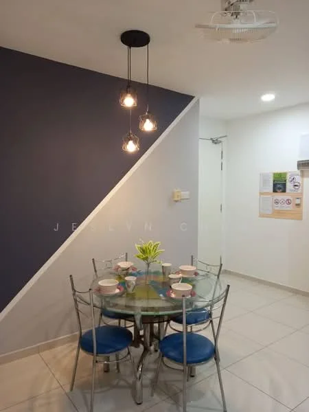 Dining features: glass dining table, metal frame chairs, blue upholstered chairs, 3-bulb pendant light, grey accent wall, white painted walls, tile flooring, ceiling fan; style: modern.