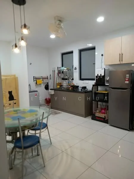 Kitchen features: white painted walls, glossy ceramic tile flooring, recessed downlights, 5-blade ceiling fan, stainless-steel fridge, built-in countertop with storage cabinets, kitchen sink, kitchen island with seating, stainless-steel appliances, open shelving, black countertop, window with blinds; style: modern.