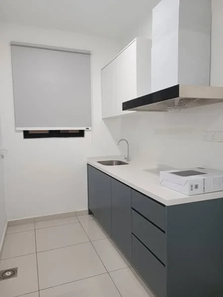 Kitchen features: white cabinets with flat-panel design, grey lower cabinets, stainless-steel sink, chrome pull-down faucet, white countertop, built-in range hood, tile flooring, roller blinds on window, wall-mounted electrical outlets, minimalist design; style: modern.