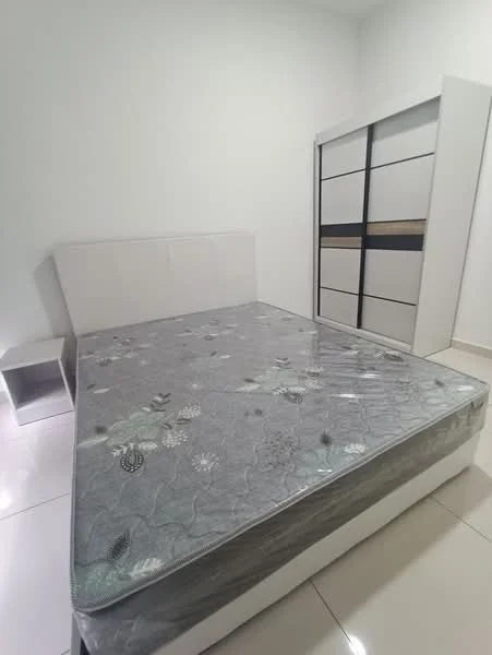 Bedroom features: queen-size bed with upholstered headboard, mattress with floral pattern, white painted walls, built-in wardrobe with sliding doors, nightstand, tile flooring, natural light from window, minimalist decor; style: modern.
