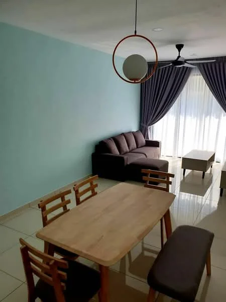 Dining features: light wood dining table, 4 wooden dining chairs, grey upholstered bench, white walls, light blue accent wall, large window with sheer curtains, grey fabric sofa, coffee table, ceiling fan with light, recessed lighting; style: modern.