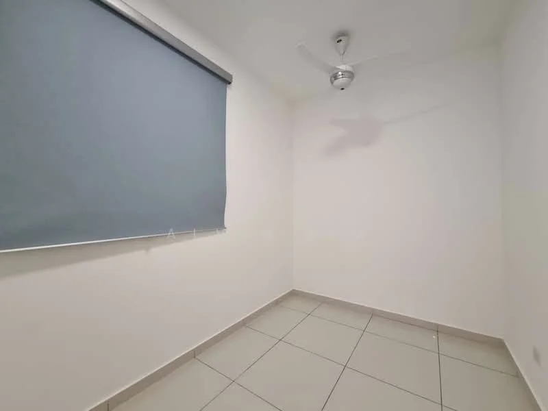 Room features: white painted walls, grey roller blinds, tile flooring, ceiling fan, no visible furniture.