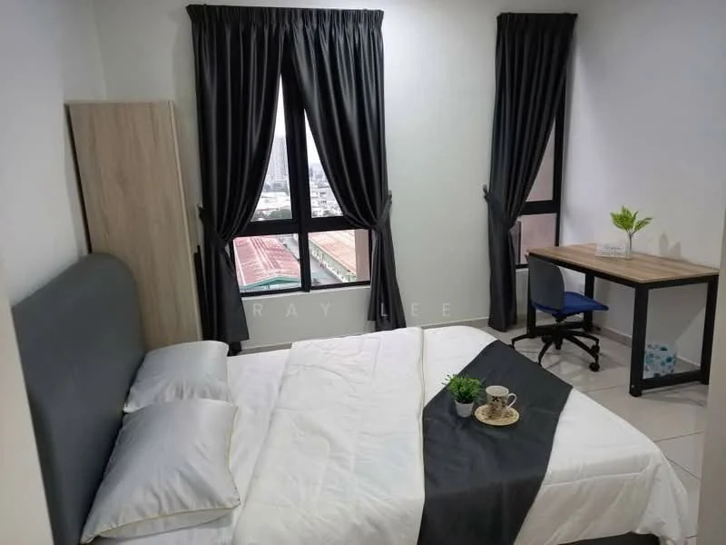 Bedroom features: queen-size bed with grey upholstered headboard, white bedding with decorative throw, 2 bedside pillows, wooden bedside table, desk with chair, floor-to-ceiling windows, blackout curtains, decorative plant on desk, light-colored wall, tile flooring; style: modern; view: city.