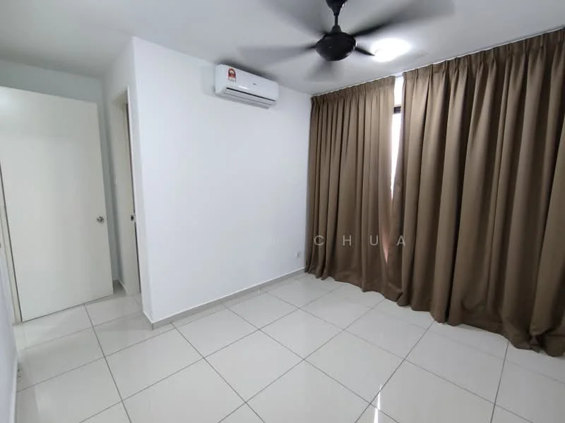 Room features: white painted walls, glossy ceramic tile flooring, 5-blade ceiling fan with light, air conditioning unit, brown curtains, window with natural light, door to adjacent room; style: modern.