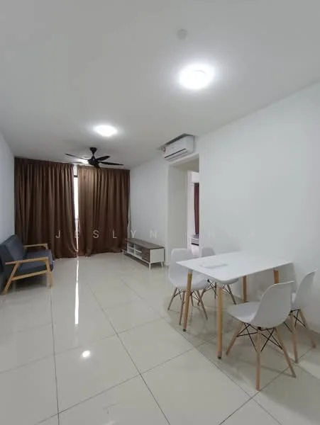 Living features: 3-seater fabric sofa in grey, wooden armchair, white dining table, 4 white dining chairs, TV console, wall-mounted TV, floor-to-ceiling windows, brown curtains, recessed LED downlights, polished ceramic tile flooring, wall-mounted split AC, decorative wall art; style: modern.