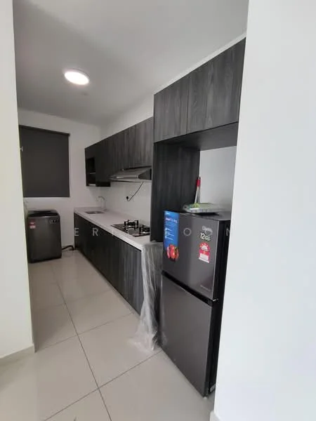 Kitchen features: dark wood cabinetry, white countertop, stainless-steel sink, chrome pull-down faucet, 4-burner gas hob, built-in oven, stainless-steel refrigerator, dishwasher, ceramic tile flooring, recessed downlights, window with roller blinds; style: modern.