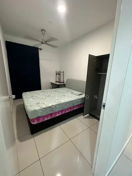 Bedroom features: queen-size bed, upholstered headboard, bedside table, built-in wardrobe, ceiling fan, white painted walls, tile flooring, dark curtain, light fixture; style: modern.