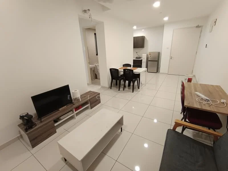 Living features: white painted walls, glossy tile flooring, recessed downlights, wall-mounted TV, TV console, coffee table, sofa, dining table with four chairs; style: modern. Kitchen features: grey cabinetry, stainless-steel fridge, built-in oven, freestanding range oven, sink, countertop, tile backsplash; style: modern. Bathroom features: white tiled walls, white floor tiles, toilet, sink, mirror.
