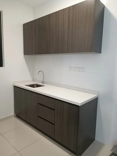 Kitchen features: dark wood cabinetry, white quartz countertop, single-bowl stainless-steel sink, chrome pull-down faucet, two upper cabinets, one lower cabinet with three drawers, tile backsplash, neutral tile flooring, window above sink; style: modern.