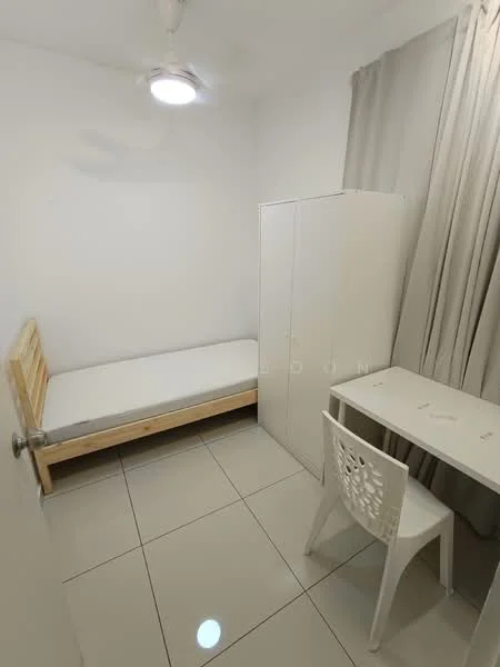 Bedroom features: single bed with wooden frame, white painted walls, glossy tile flooring, ceiling fan, white desk, white chair, built-in wardrobe, curtains; style: minimalist.