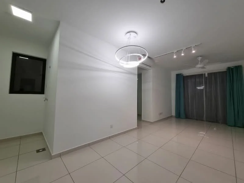 Living features: white painted walls, glossy tile flooring, recessed downlights, chandelier, 5-blade ceiling fan, floor-to-ceiling windows with sheer curtains, curtains in teal, air conditioning unit; style: modern.