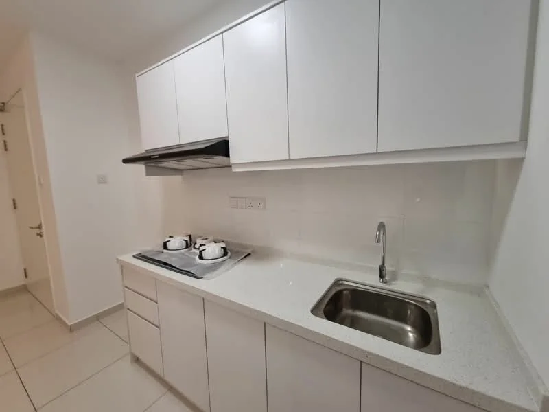 Kitchen features: white cabinetry, granite countertop, stainless-steel sink, chrome faucet, built-in gas stove, exhaust hood, white tiled backsplash, ceramic tile flooring; style: modern.