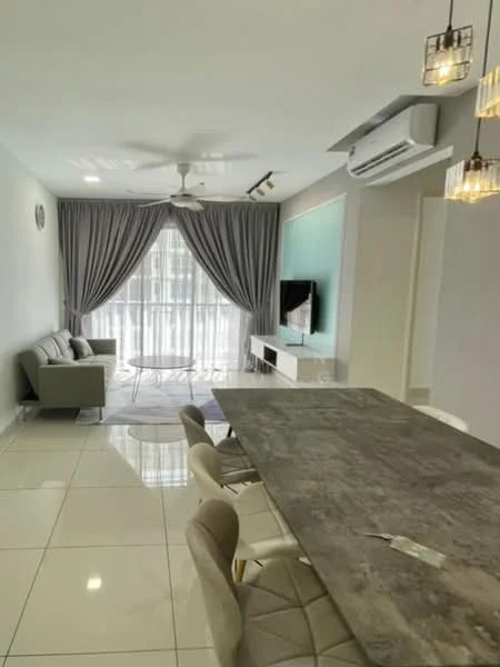 Living features: grey fabric sofa, white coffee table, wall-mounted TV, floor-to-ceiling windows, sheer curtains, 5-blade ceiling fan with light, recessed downlights, polished tile flooring, decorative wall panel, area rug with circular pattern; style: modern; view: city. Dining features: 6-seater dining table with grey tabletop, upholstered dining chairs, decorative pendant lighting, open shelving unit, wall-mounted air conditioning unit; style: modern.