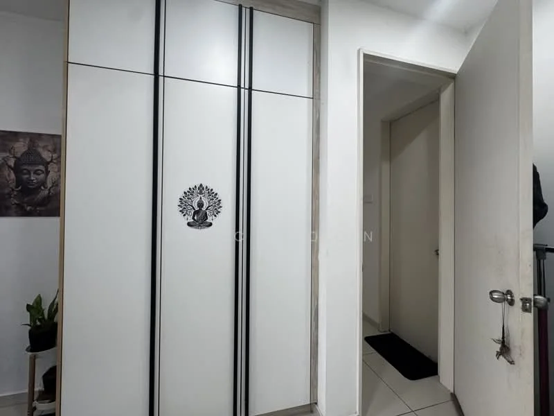 Room features: white cabinetry with decorative design, sliding doors, tiled flooring, neutral wall color, door leading to another room, small potted plant, wall art with a Buddha figure, door handle with modern design; style: modern.