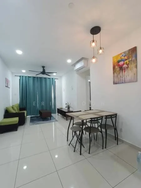 Dining features: white painted walls, glossy ceramic tile flooring, 5-blade ceiling fan with light, dining table with four chairs, green fabric sofa, area rug, sliding glass door, curtains, decorative wall art; style: modern.