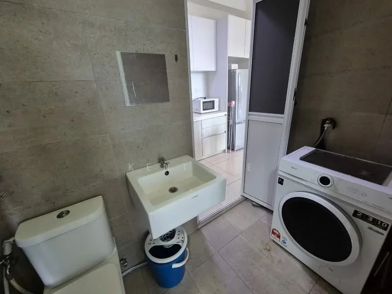 Bathroom features: grey tiled walls, light grey tiled flooring, single-bowl sink, chrome basin mixer faucet, one-piece toilet, front-load washing machine, white cabinetry, door to kitchen, window, laundry basket, mirror; style: modern.
