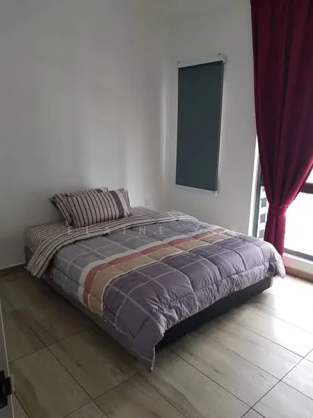 Bedroom features: queen-size bed with purple quilt, striped bed pillows, white painted walls, laminate flooring, floor-to-ceiling window, roller blinds, red curtains, decorative wall art; style: modern.