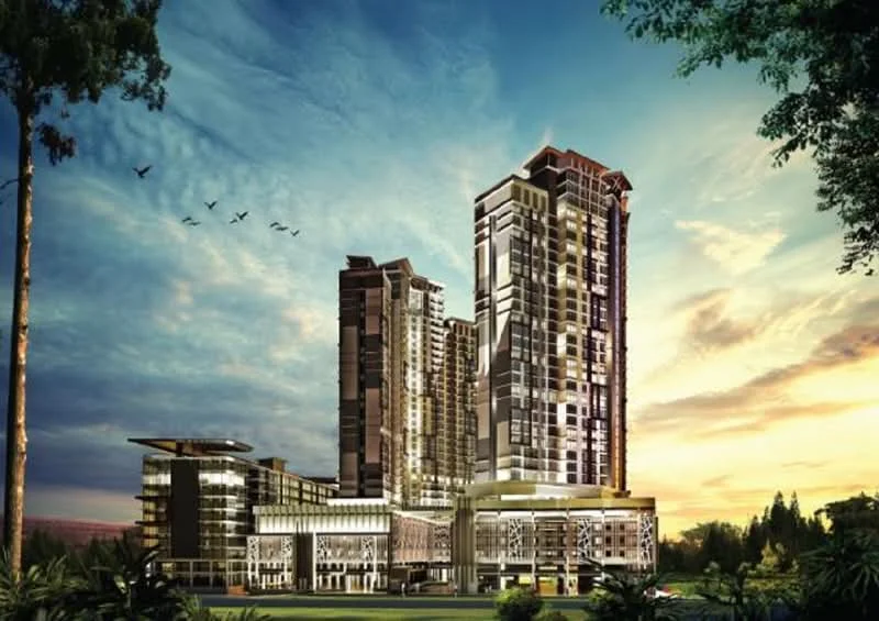 Exterior type: high-rise condominium; features: glass curtain wall, exposed concrete facade, recessed balconies, projecting balconies, feature lighting at night, manicured lawn, surrounded by mature greenery, multiple towers, modern architectural design; style: modern.