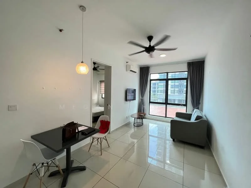 Living features: white painted walls, glossy ceramic tile flooring, 5-blade ceiling fan with light, recessed downlights, floor-to-ceiling windows, grey fabric sofa, black coffee table, TV console, wall-mounted TV, curtains, decorative wall art, area rug; style: modern; view: city. Room features: white painted walls, glossy ceramic tile flooring, 5-blade ceiling fan, recessed downlights.