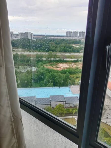 Room features: floor-to-ceiling windows, curtains, view of greenery, view of swimming pool, water droplets on glass; view: garden.